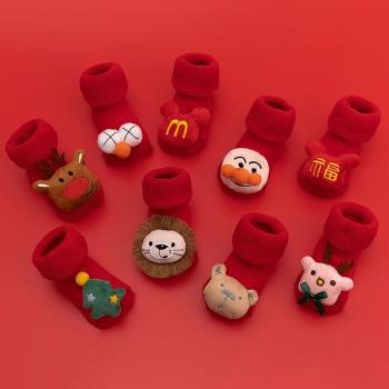 新生嬰兒冬款大紅色毛圈防滑地板襪寶寶卡通公仔中筒圣誕襪不勒腳