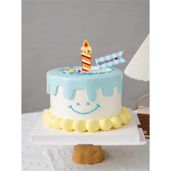 INS風簡約烘焙蛋糕裝飾卡通蠟燭插牌藍色笑臉兒童派對甜品臺插件