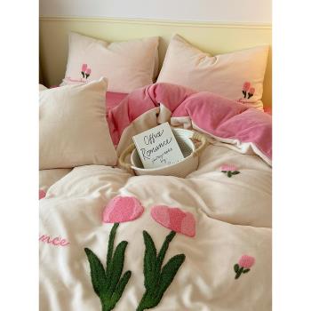 公主風加厚牛奶寶寶絨床上四件套冬季法蘭珊瑚絨雙面被套床品床單