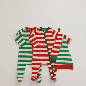 韓國ins嬰兒冬裝連體衣男女寶寶哈衣紅色圣誕條紋爬服帽子套裝