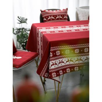 新年節日裝飾餐桌布棉麻布藝圣誕紅色結婚禮聚會臺布蕾絲茶幾桌布