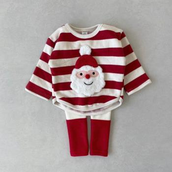2022冬款兒童圣誕老人衛衣長袖T恤條紋圓領舒適保暖上衣寶寶套裝