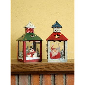 美式家居節日溫馨鐵藝燭臺風燈 圣誕小提燈裝飾擺件花園雜貨ZAKKA