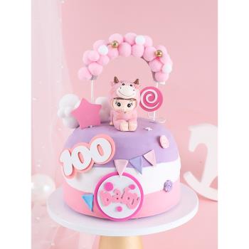 烘焙蛋糕裝飾粉藍牛牛寶寶玩偶擺件雙層圓點藍色BABY生日插牌插件