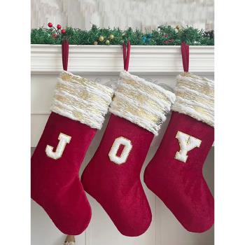 燙金條紋紅色圣誕襪禮物袋絨布字母襪圣誕樹掛件節日氛圍裝飾品