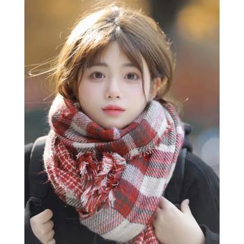 網紅羚雪秋冬季少女學生格子圍巾