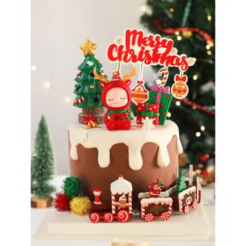 圣誕烘焙蛋糕裝飾禮物鹿角男孩帶燈圣誕樹擺件卡通亞克力插牌插件