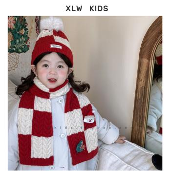 ins韓版兒童圣誕圍巾毛線帽兩件套冬季男女寶寶針織保暖套頭圍脖