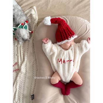 嬰兒圣誕衣服加絨秋冬長袖毛絨加厚三角哈衣包屁衣寶寶圣誕套裝