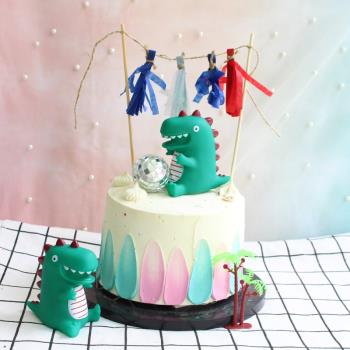 網紅生日蛋糕裝飾兒童男孩小怪獸森系小恐龍霸王龍恐恐龍公仔玩偶