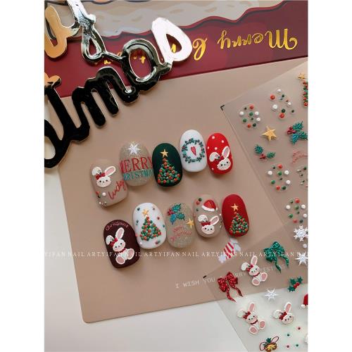 YIFANNAIL圣誕元素 浮雕可愛小兔美甲貼紙點點圣誕樹愛心花圈J77
