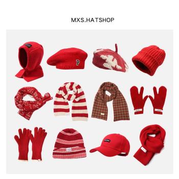 女冬季紅手套禮物復古圍巾帽子