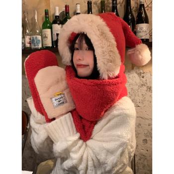 可愛紅色女冬季保暖毛絨手套圣誕