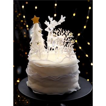 烘焙蛋糕裝飾擺件網紅水晶麋鹿唯美圣誕樹生日雪花插牌絲帶紗圍邊