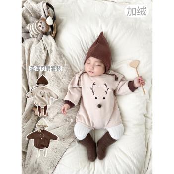 男女寶寶可愛聖誕主題服裝新生嬰幼兒加絨保暖包屁哈衣爬服秋冬季