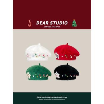 日系甜美可愛圣誕元素紅色兔毛貝雷帽子女冬季保暖百搭學生畫家帽