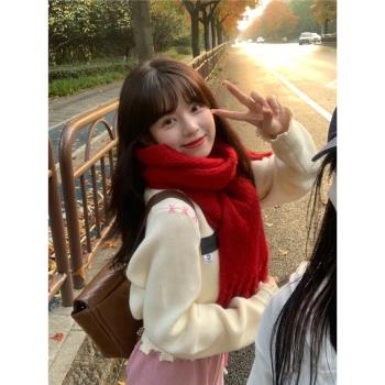 韓劇歐尼紅色圍巾女冬季韓版聖誕針織本命年2025新款加厚保暖圍脖