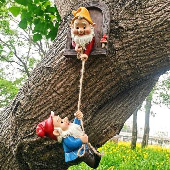 花園侏儒小矮人攀爬繩樹脂工藝品擺件圣誕裝飾品戶外庭院布置