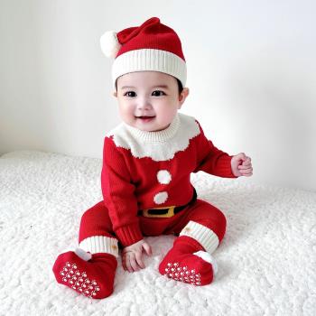 秋冬新款 圣誕老人風嬰幼兒衣服針織毛衣連體哈衣爬服+帽子套裝