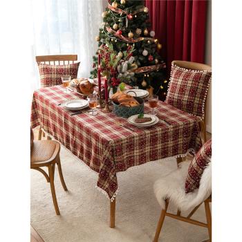 美式INS圣誕雪花格子餐桌布藝 新年元旦紅色節日喜慶蓋布茶幾布