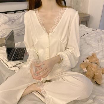 2025年新款性感蕾絲睡衣女士春秋款純棉薄款長袖套裝宮廷風家居服