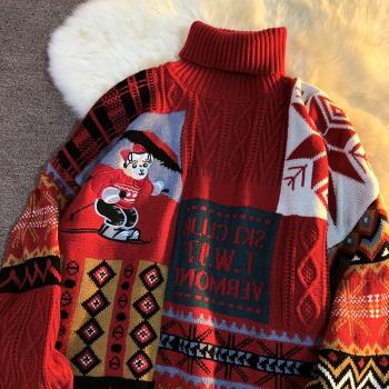 日系設計師跨年小熊高領紅色毛衣