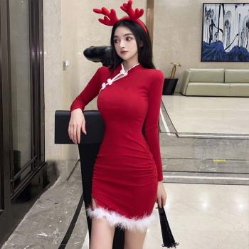 圣誕主題裙子新年衣服紅色網紅主播服裝女性感長袖改良旗袍連衣裙