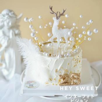 圣誕鹿蛋糕裝裝飾手工皇冠海草白葉子配飾水晶鹿烘焙擺件羽毛裝扮