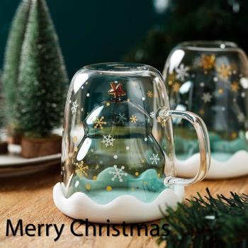雙層隔熱圣誕杯帶蓋玻璃杯耐熱高硼硅高顏值創意圣誕裝飾品杯子