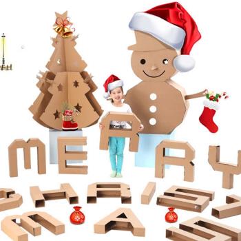 圣誕春節日場景道具紙箱樹紙殼板雪人模型兒童玩具DIY手工數字母