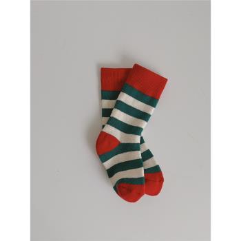冬季新款圣誕風橫條兒童短襪寶寶中小童毛圈加厚保暖透氣棉襪子
