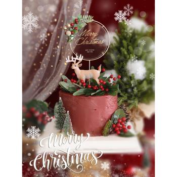 烘焙蛋糕裝飾森系圣誕麋鹿擺件紅果子綠葉鐵藝亞克力圣誕祝福插件