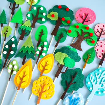 烘焙蛋糕裝飾小動物派對森系毛氈樹木插牌插件森林小樹玩偶擺件