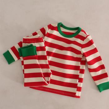 韓版ins嬰幼童裝圣誕氛圍感紅綠條紋家居服套裝喜慶秋衣秋褲睡衣1