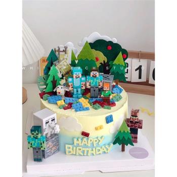 網紅我的世界樹葉生日蛋糕裝飾擺件積木玩具兒童男孩卡通插件配件
