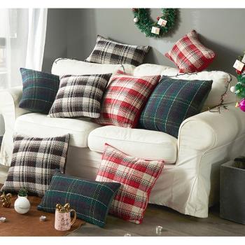 圣誕紅綠經典配色英倫格子粗毛呢格紋抱枕套 客廳沙發家飾靠墊套