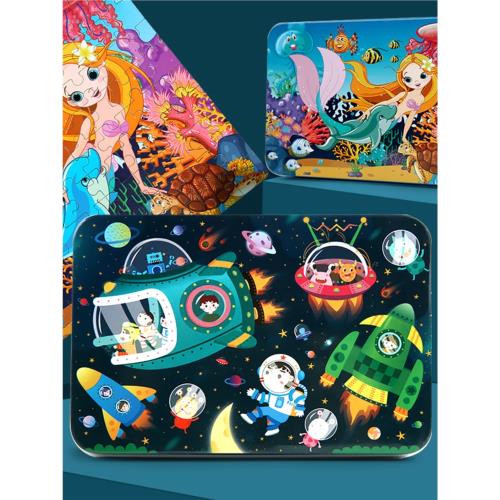 鐵盒拼圖100片木質拼圖兒童卡通動漫平面拼板幼兒園益智積木玩具