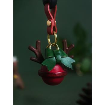 圣誕麋鹿鈴鐺裝飾頭層牛皮汽車掛件鑰匙扣情侶手工特色蝴蝶結禮物