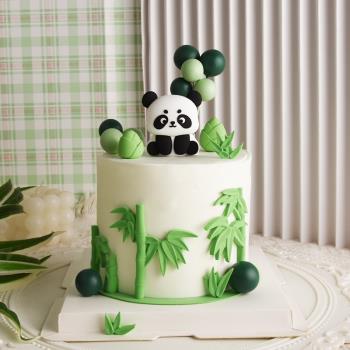 網紅大熊貓蛋糕裝飾可愛卡通小熊貓玩偶擺件竹子竹筍森系綠葉插牌