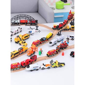 電動小火車頭兒童玩具木質軌道車兼容木制手推車男孩女孩火車軌道