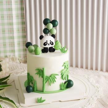 森系蛋糕裝飾熊貓擺件卡通可愛坐姿熱帶森林綠葉插牌竹子竹筍插件