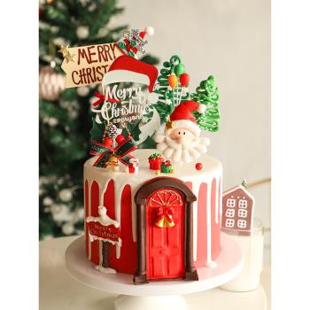 烘焙蛋糕裝飾圣誕老人頭松樹軟陶插件復古大門路牌圣誕硅膠模具