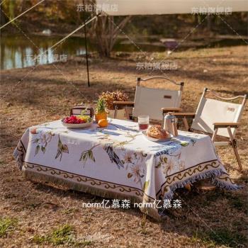 美式ins波西米亞棉麻莫蘭迪色蕾絲桌布茶幾布高級感戶外野餐桌布