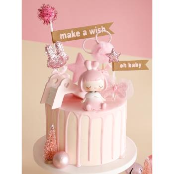 烘焙蛋糕裝飾可愛兔公主搖頭玩偶擺件可愛兔耳朵女孩生日插牌插件