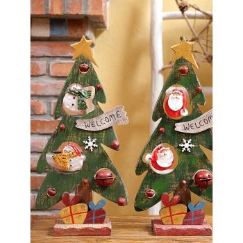 歐美ins木質裝飾卡通圣誕樹擺件 老人雪人鈴鐺復古田園家居裝飾品