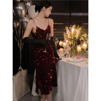 journey j酒紅色V領亮片閃閃小吊帶裙聖誕禮服裙party生日裙年會