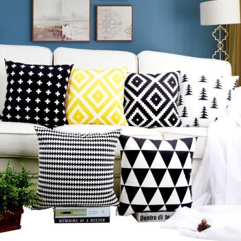 北歐抱枕靠墊現代簡約黑白黃色條紋幾何格子抱枕套客廳沙發靠枕