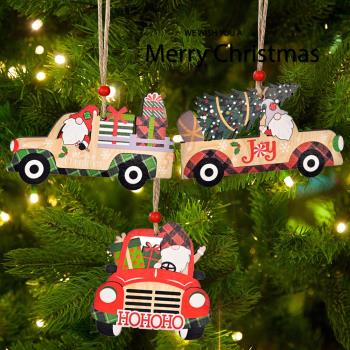 新品圣誕裝飾品木質汽車掛件印花汽車圣誕樹掛件圣誕場景裝飾