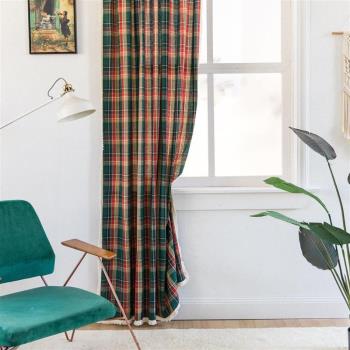 新品窗簾成品圣誕綠色格子復古小窗戶廚房簾半遮光飄窗簾