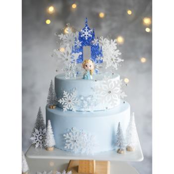 冬日圣誕樹雪花城堡蛋糕插牌冰雪世界藍裙公主女孩生日蛋糕裝飾